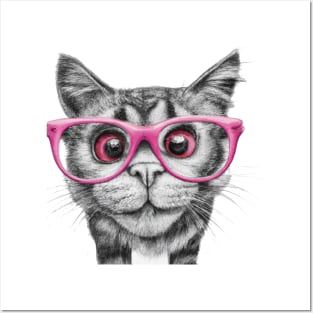 pencil black and white drawing of curious cat wearing light pink colored glasses art Posters and Art